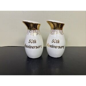 Vintage Ceramic 50th Anniversary Salt & Pepper Shakers White & Gold 4"